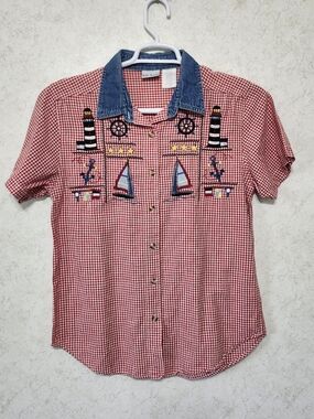 Ladies Medium Short Sleeve Gingham Button-Down Shirt Nautical Beach Boat Gulf
